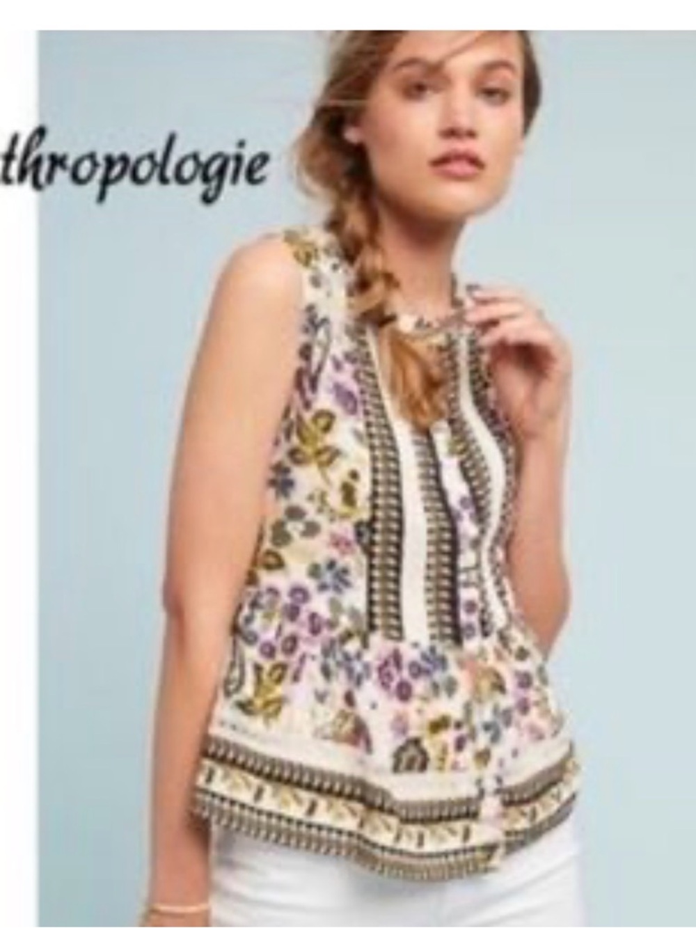 Anthropologie White Floral Sleeveless Peplum Top with Multicolor Trim